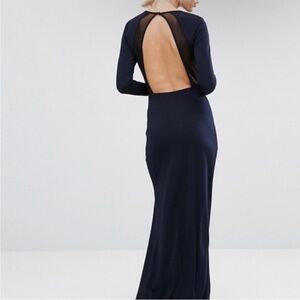 ASOS Dress Navy Blue Long Sleeve Maxi Long Length Open Back Wedding Sexy Size 10